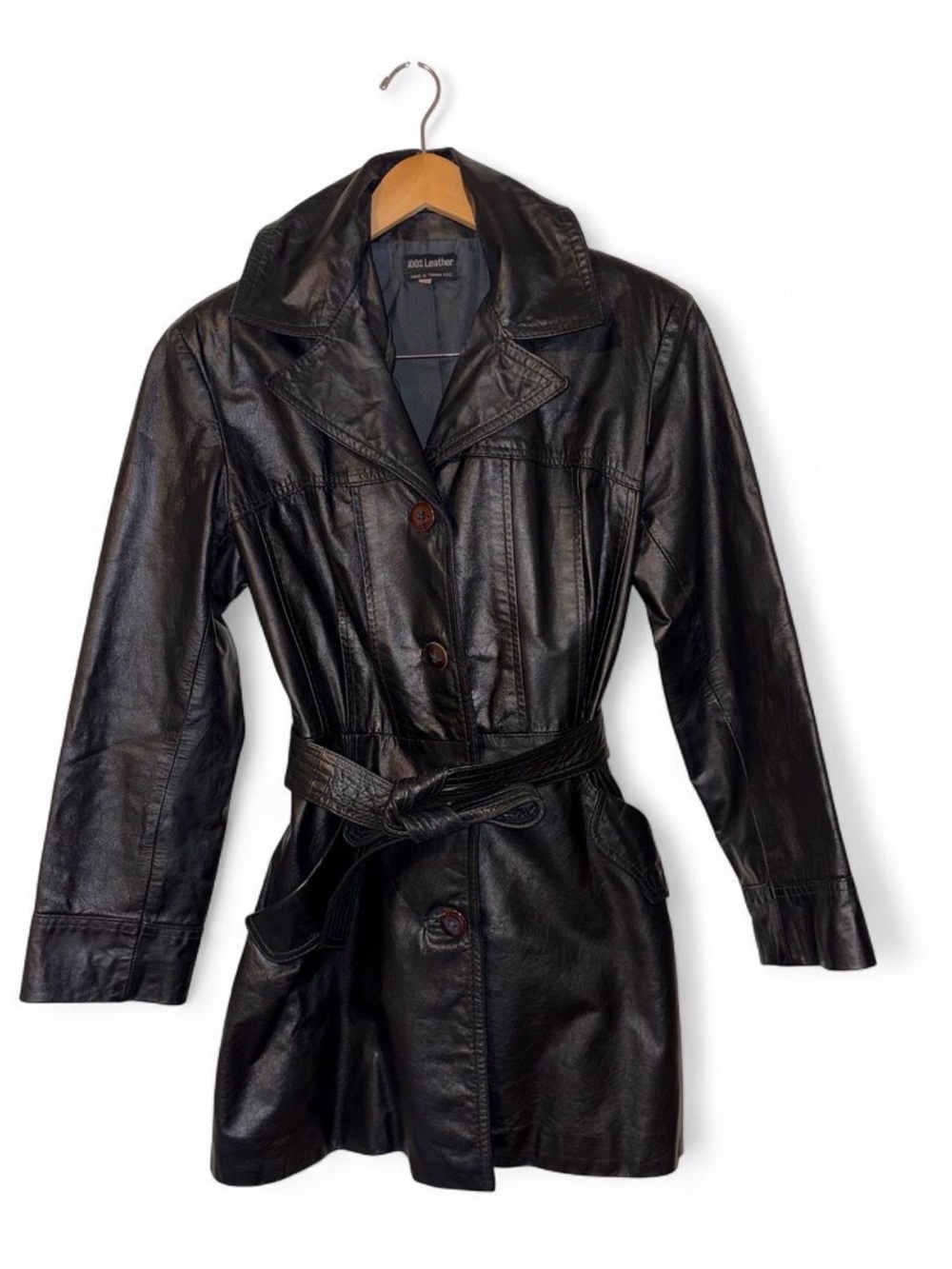 vintage 1970s black genuine 100% leather belted trench coat size fitted 14 M/L